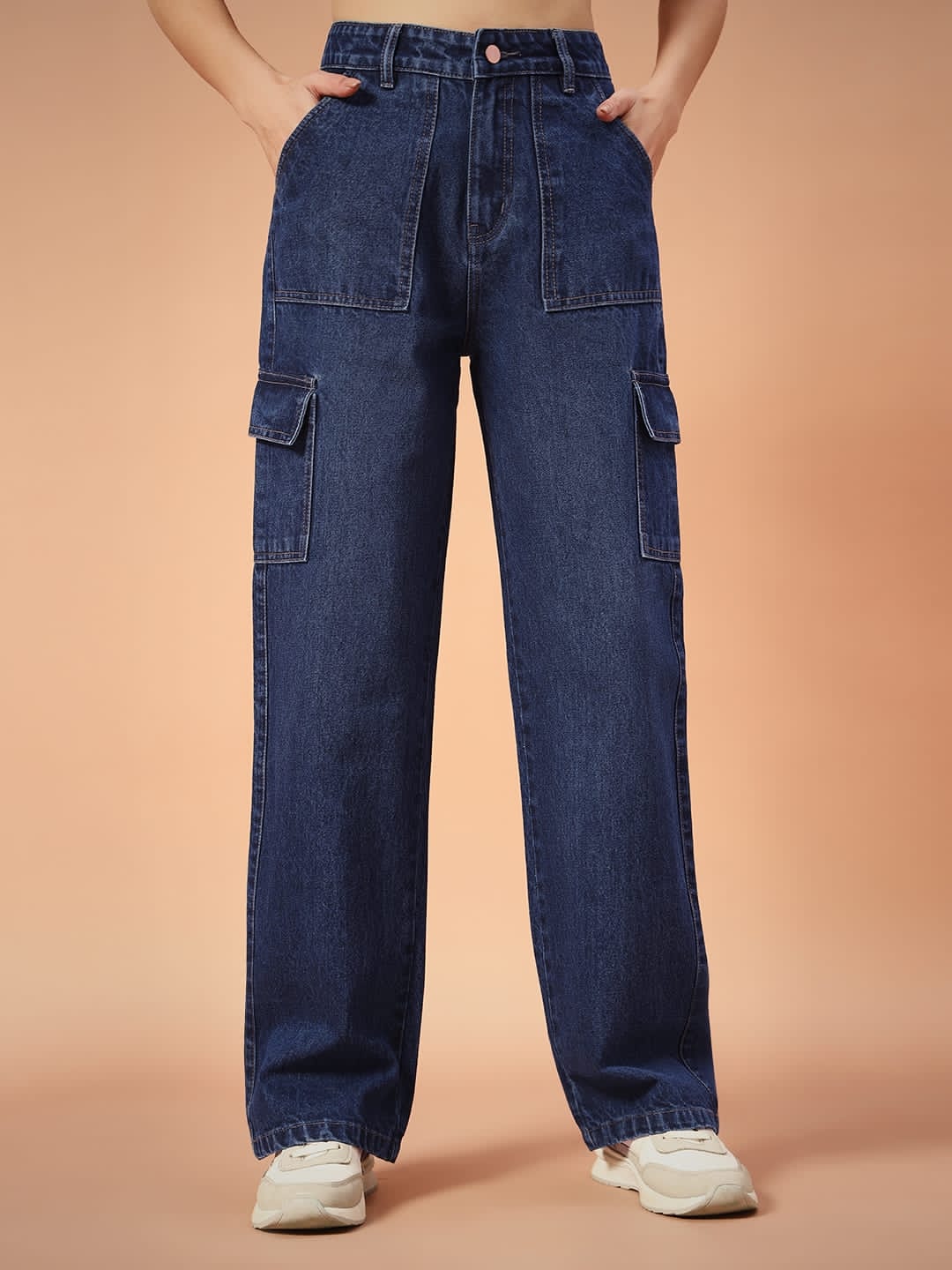Women Non-Stretch Straight Fit High Rise Dark Blue Cargo Jeans