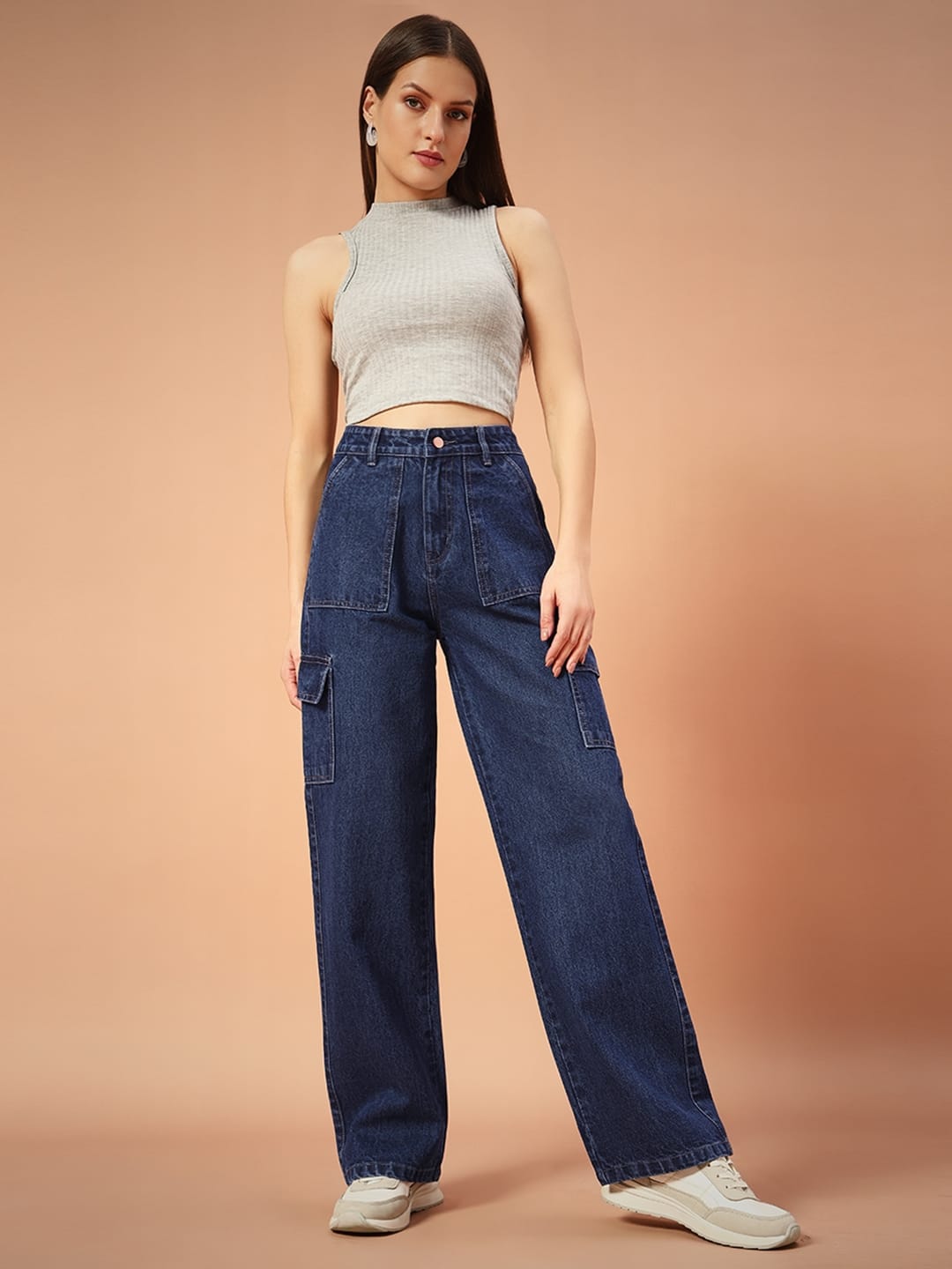 Women Non-Stretch Straight Fit High Rise Dark Blue Cargo Jeans