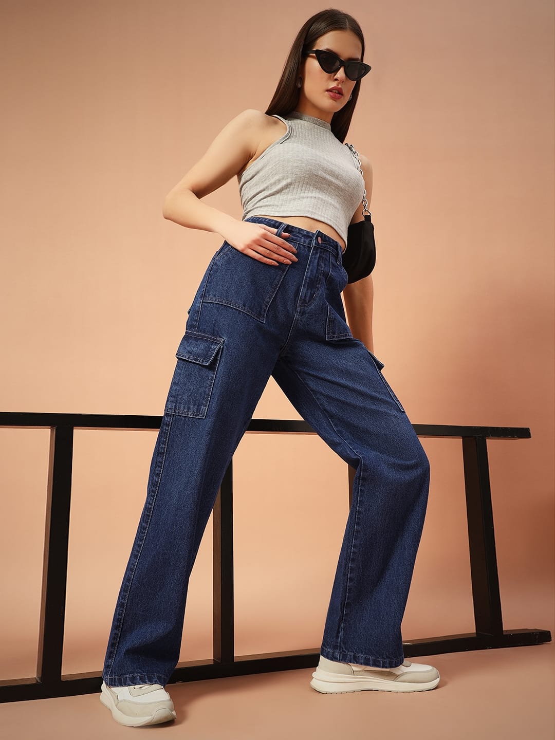 Women Non-Stretch Straight Fit High Rise Dark Blue Cargo Jeans