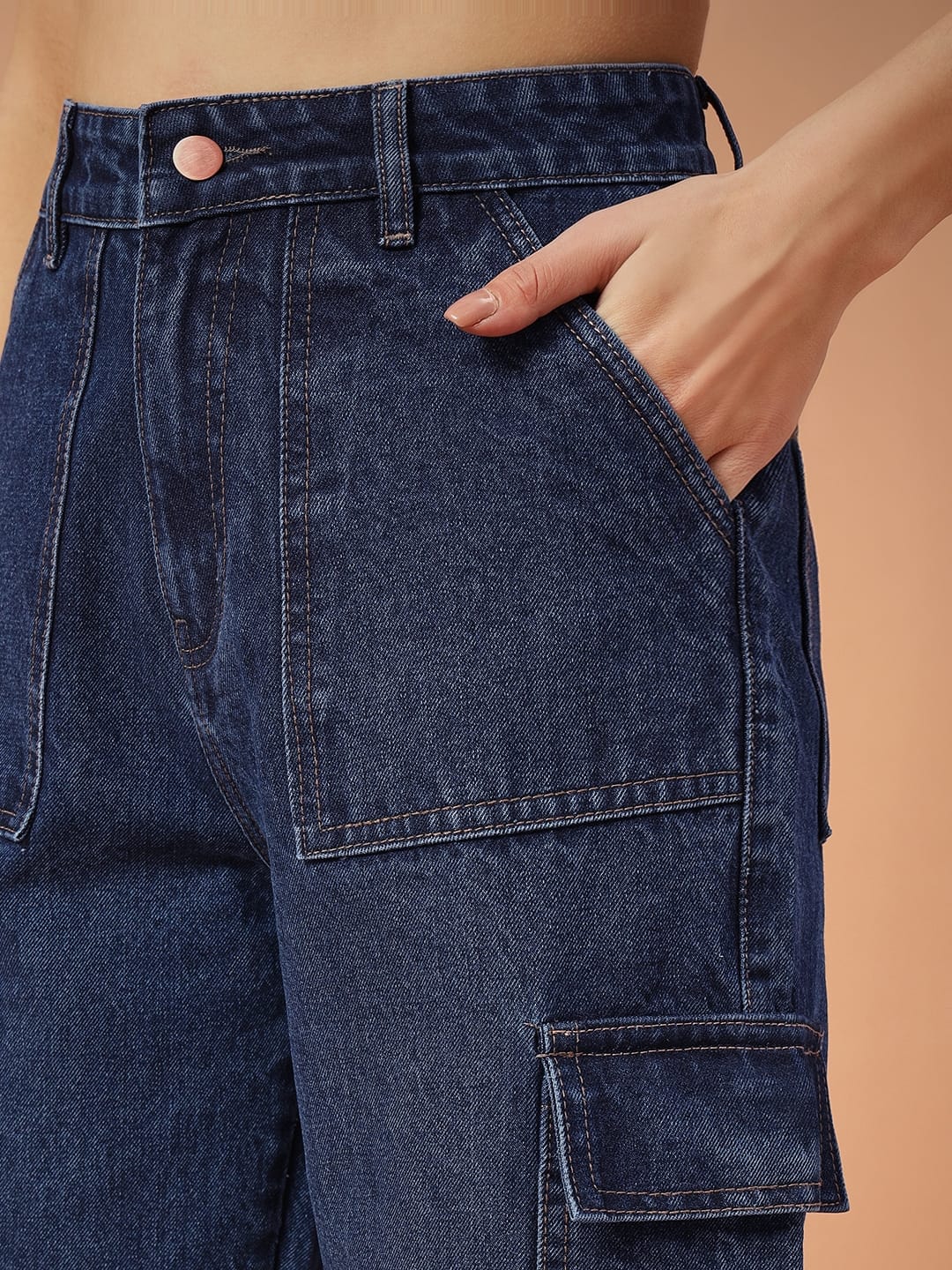 Women Non-Stretch Straight Fit High Rise Dark Blue Cargo Jeans