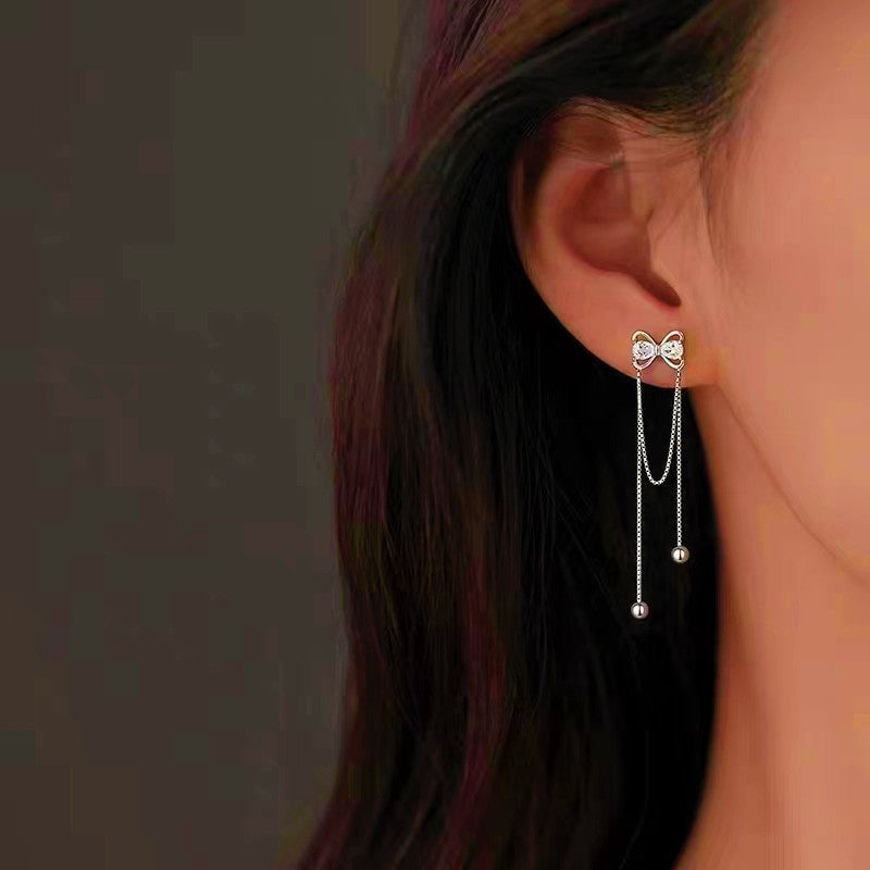 Silver Post Bow Tassel Earrings