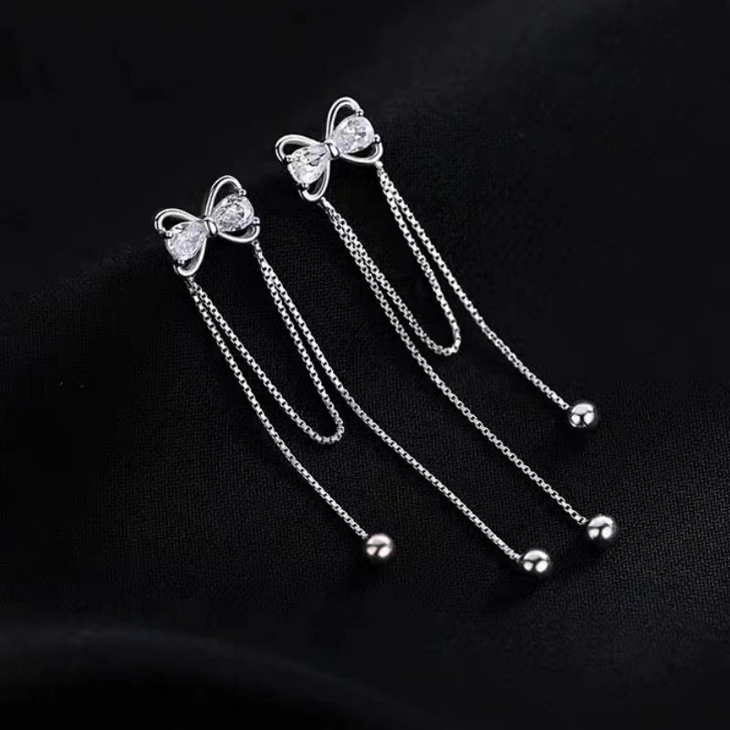 Silver Post Bow Tassel Earrings