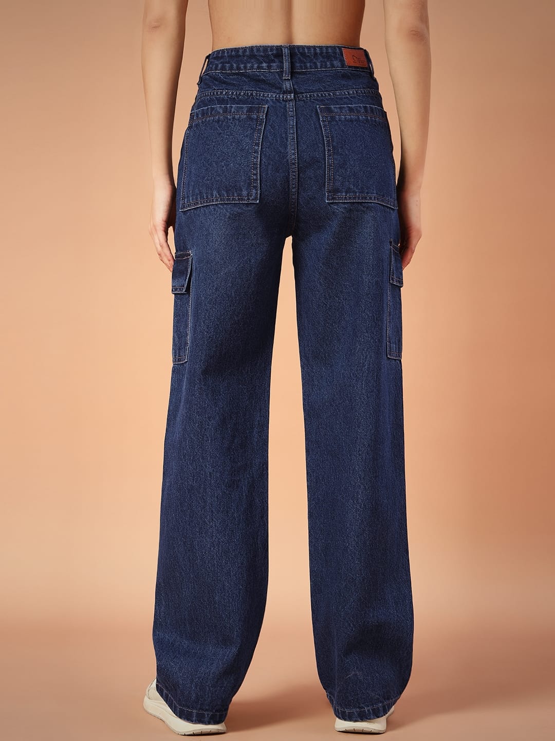 Women Non-Stretch Straight Fit High Rise Dark Blue Cargo Jeans
