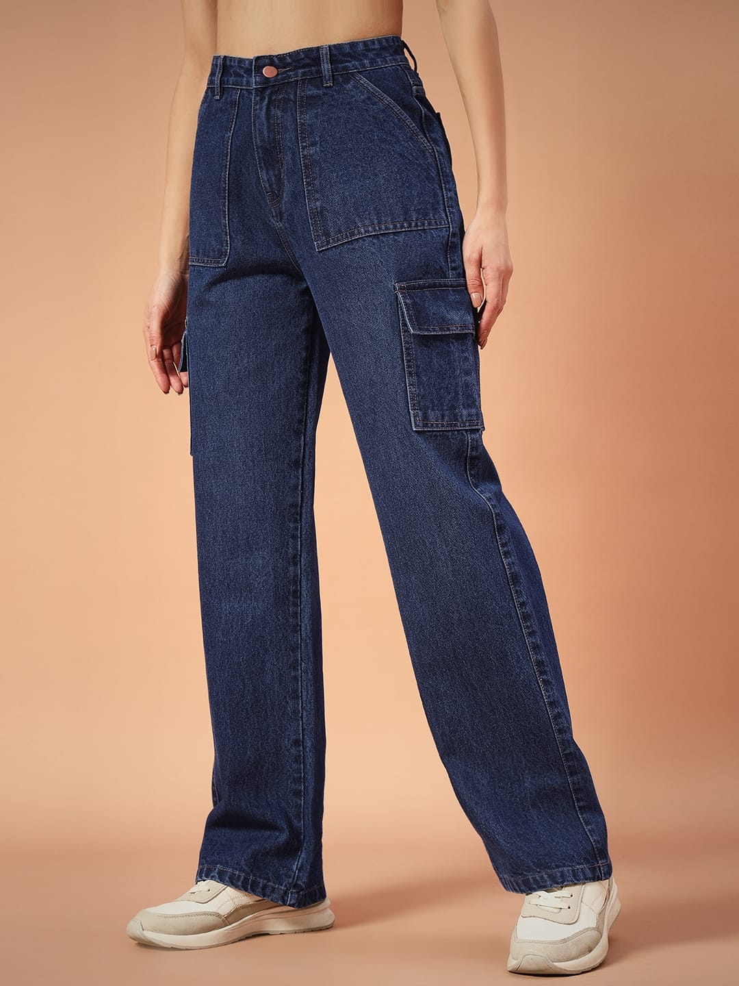 Women Non-Stretch Straight Fit High Rise Dark Blue Cargo Jeans