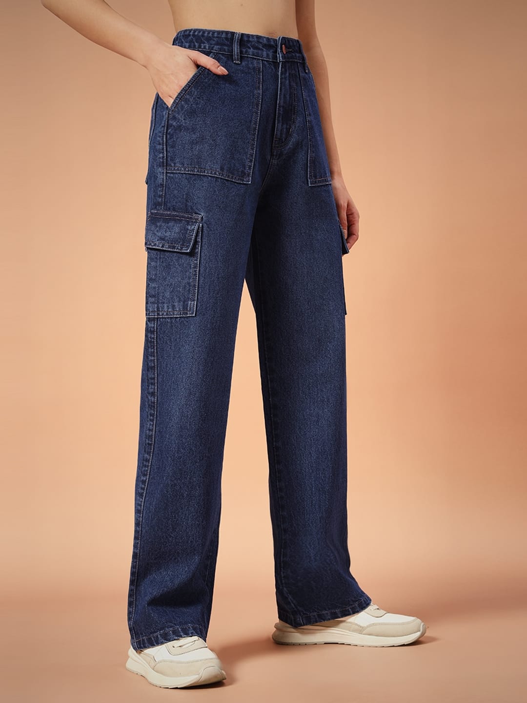 Women Non-Stretch Straight Fit High Rise Dark Blue Cargo Jeans