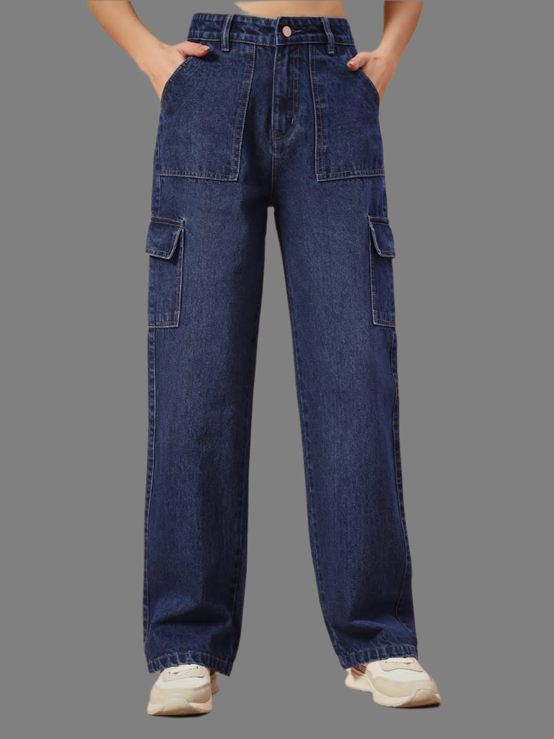 Women Non-Stretch Straight Fit High Rise Dark Blue Cargo Jeans