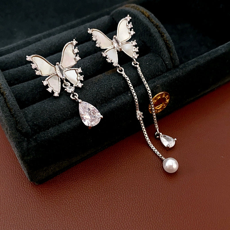 14K Gold-Plated Zircon Butterfly Tassel Earrings