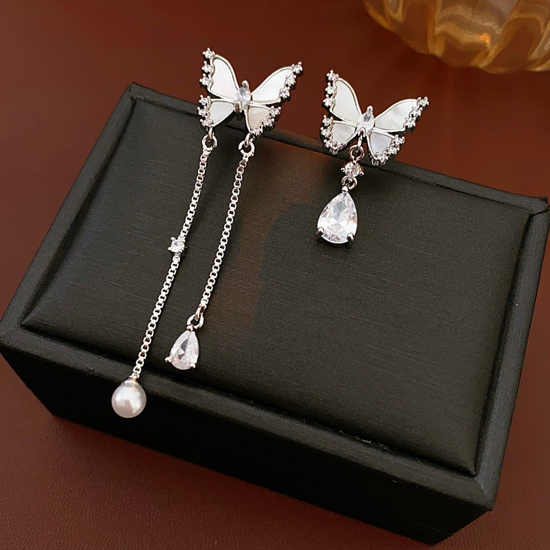 14K Gold-Plated Zircon Butterfly Tassel Earrings
