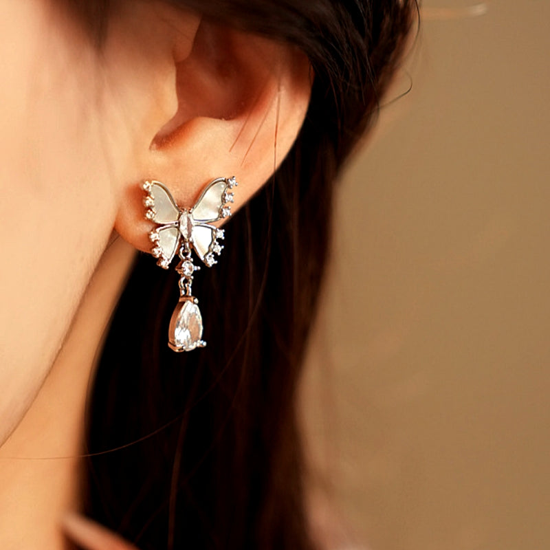 14K Gold-Plated Zircon Butterfly Tassel Earrings