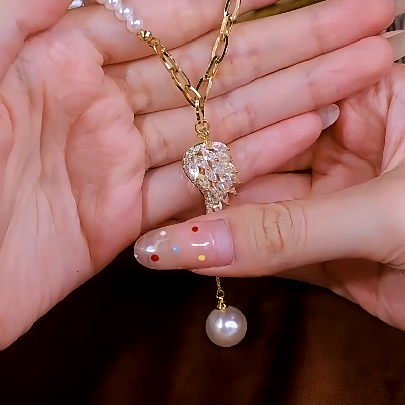 14K Gold-Plated Angel Wing Zircon Pearl Tassel Sweater Necklace