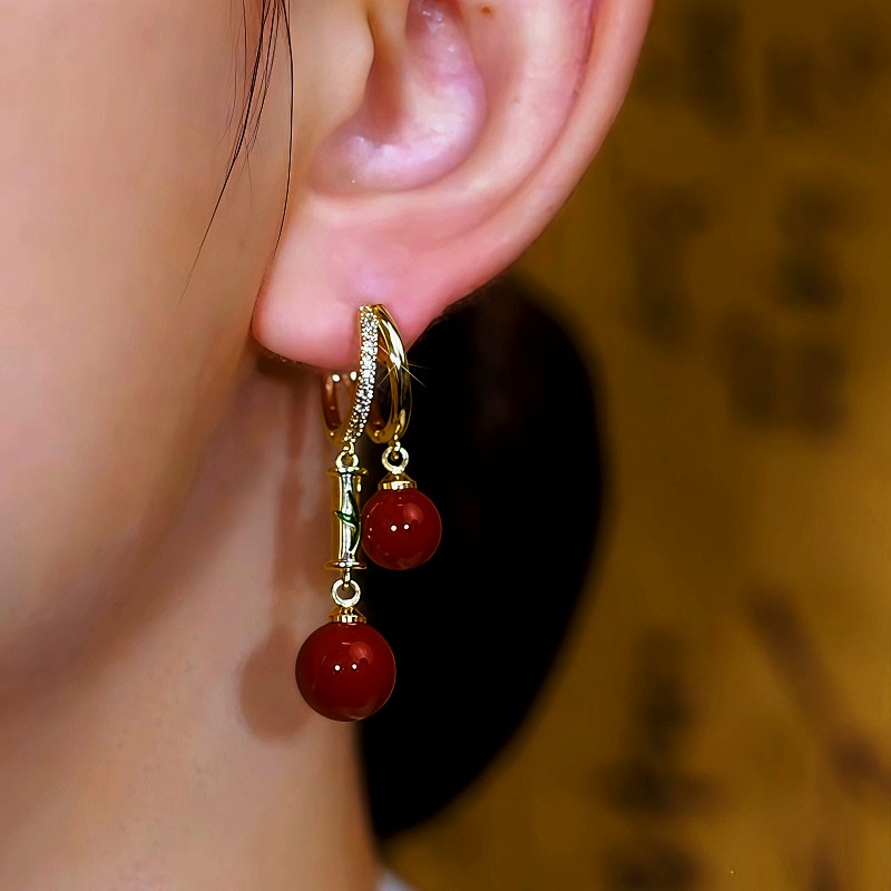 14K Gold-Plated Bamboo Red Pearl Earrings