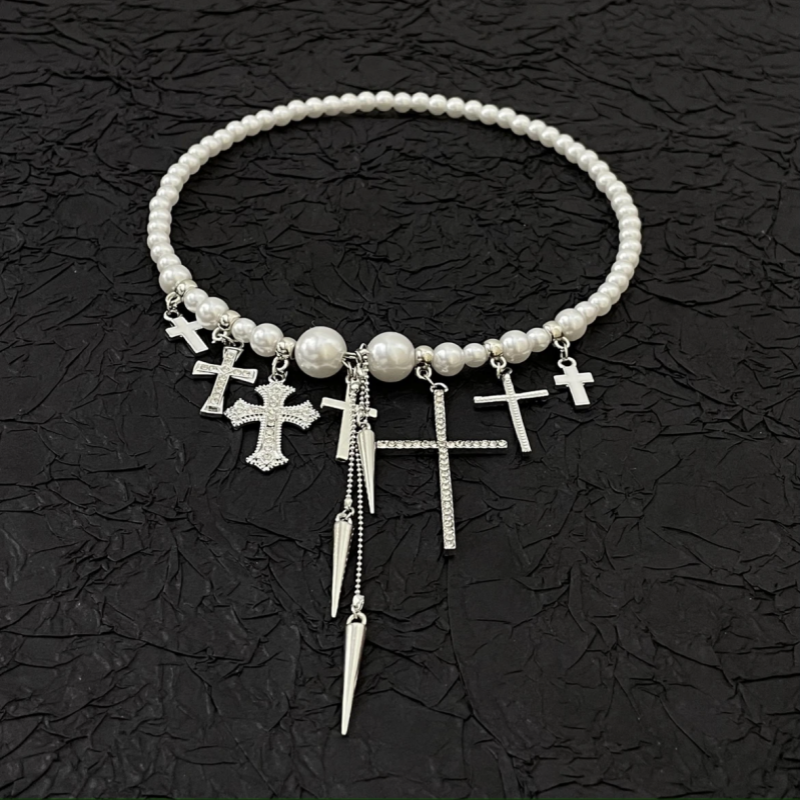 14K Gold-Plated Bead Cross Tassel Necklaces