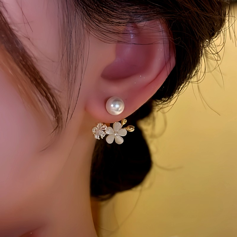 14K Gold-Plated Beads Zircon Cat's Eye Flower Jacket Earrings