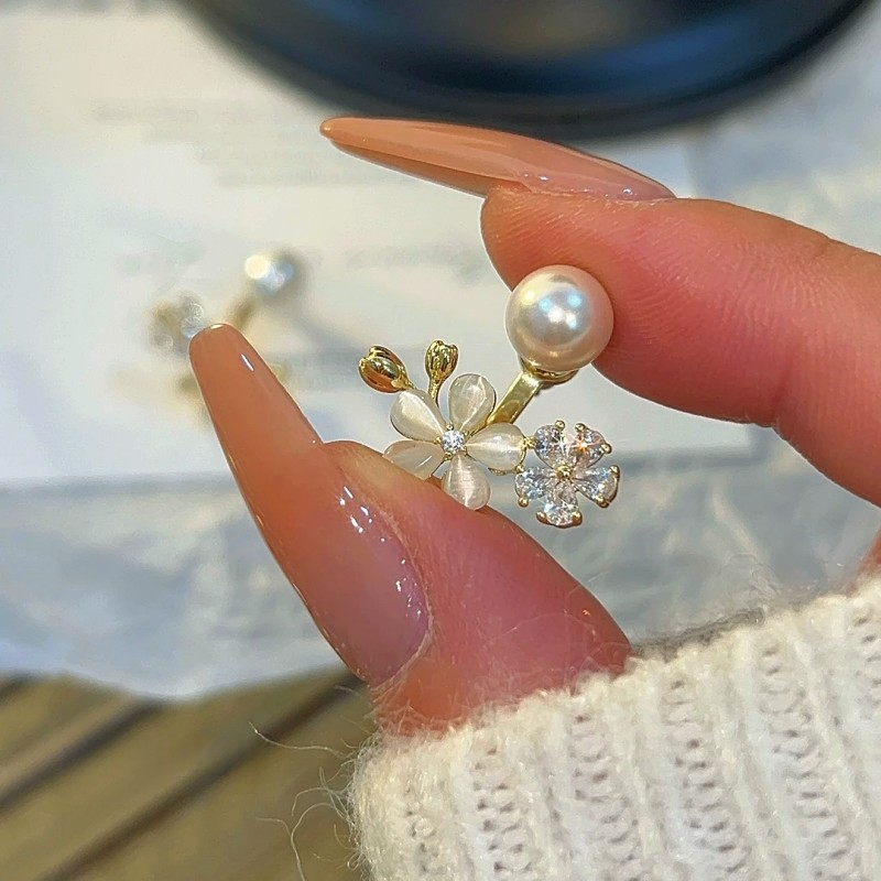 14K Gold-Plated Beads Zircon Cat's Eye Flower Jacket Earrings