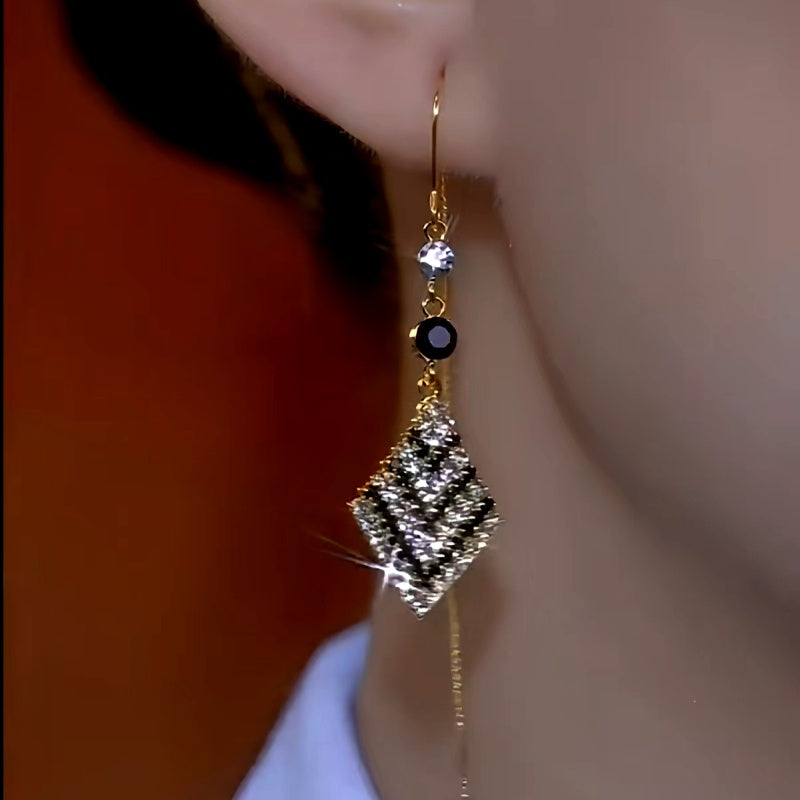 14K Gold-Plated Black And White Diamond Threader Tassel Earrings