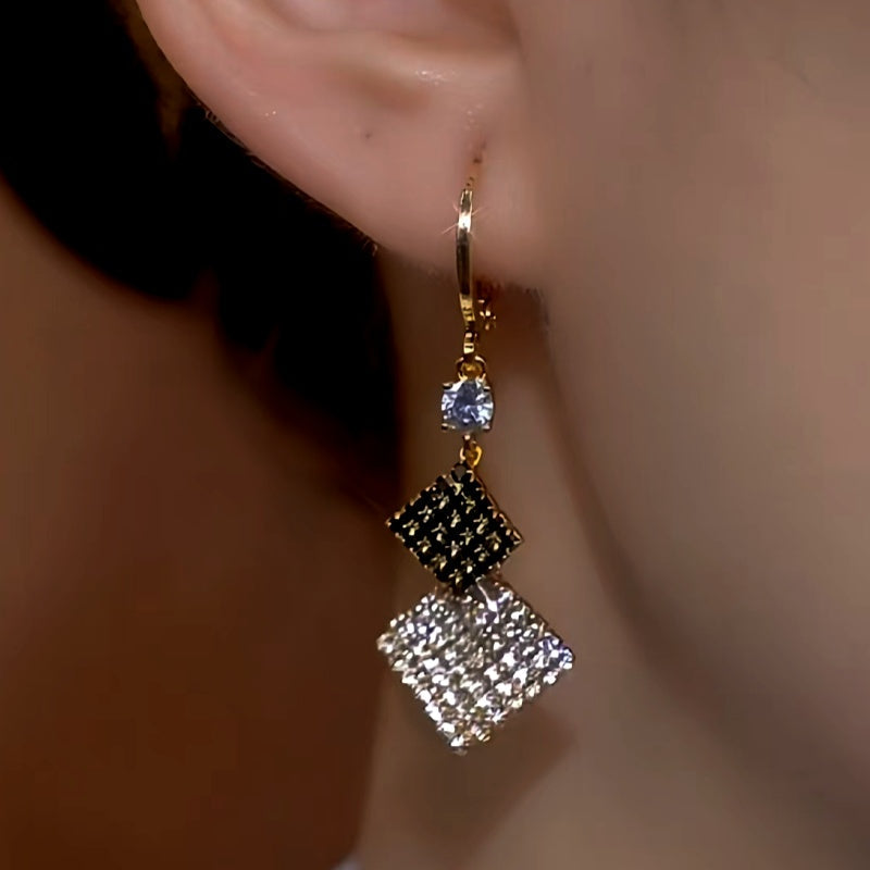 14K Gold-Plated Black And White Double-Layer Diamond Earrings