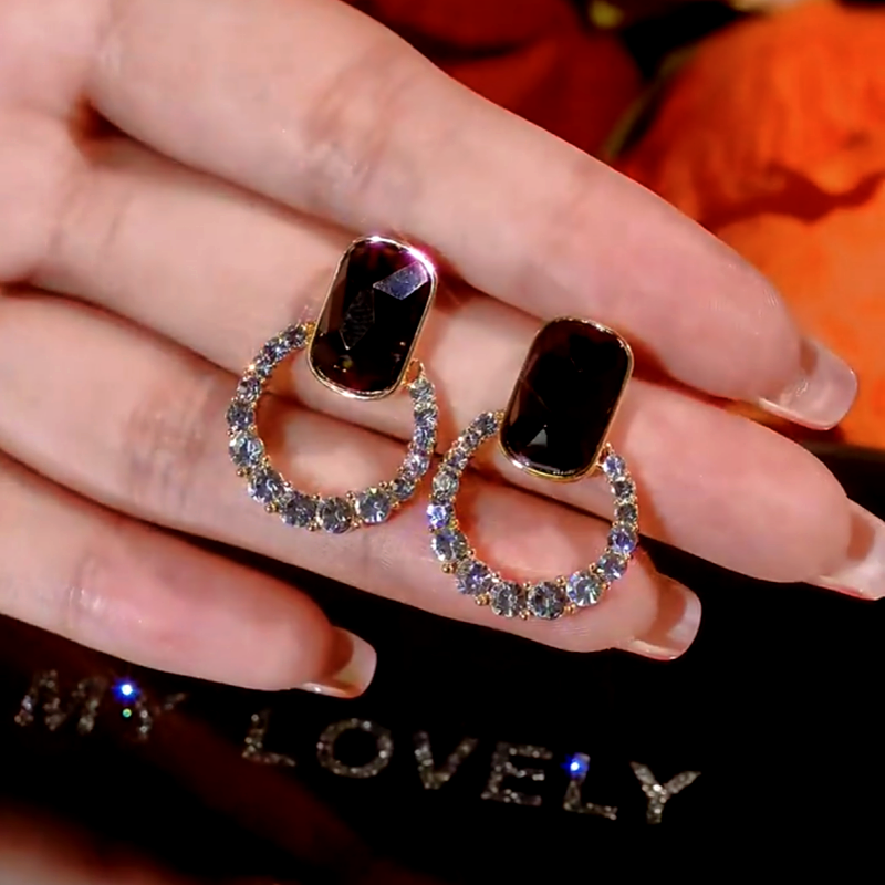 14K Gold-Plated Black Crystal Hoop Diamond Earrings