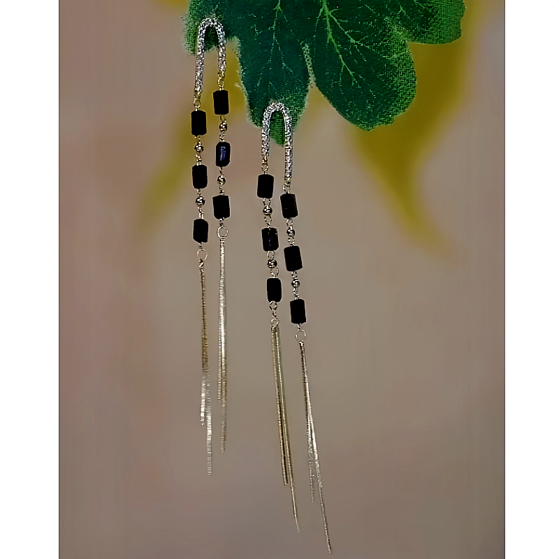 14K Gold-Plated Black Crystal Long Tassel Earrings