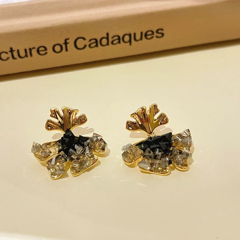 14K Gold-Plated Black Diamond Ginkgo Leaf Pendant Tassel Earrings