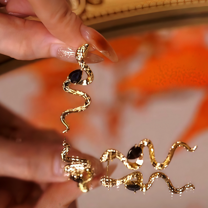 14K Gold-Plated Black Diamond Snake Earrings