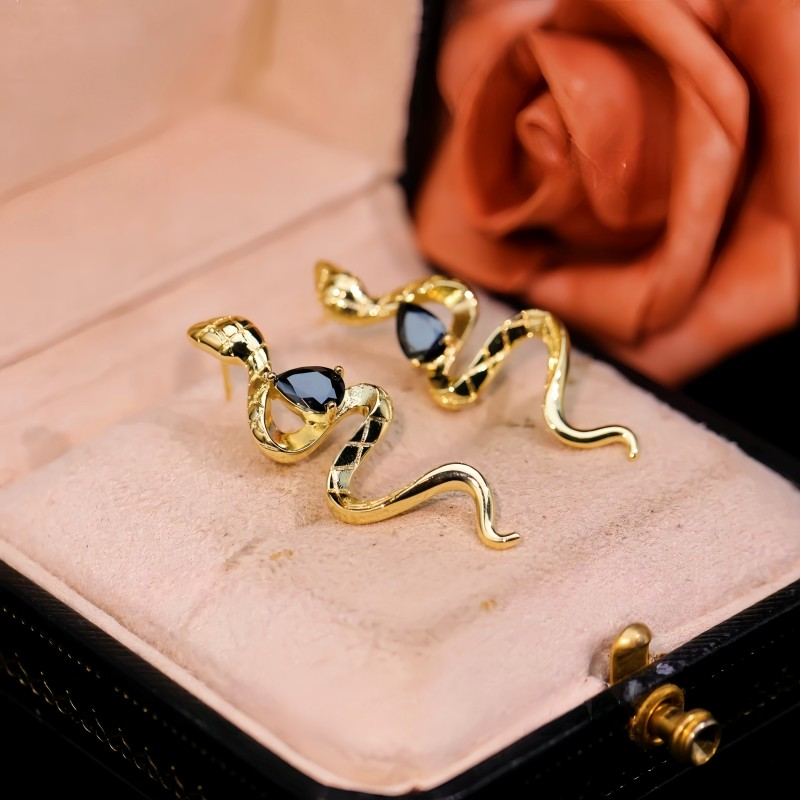 14K Gold-Plated Black Diamond Snake Earrings