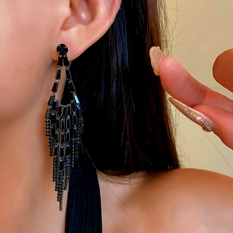 14K Gold-Plated Black Diamond Tassel Earrings
