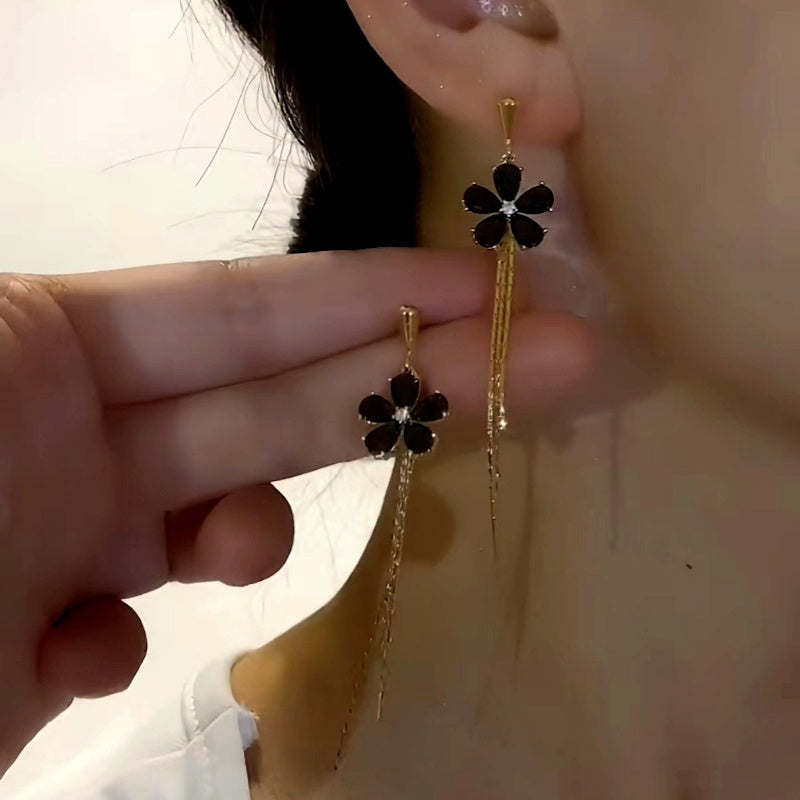 14K Gold-Plated Black Flower Earrings