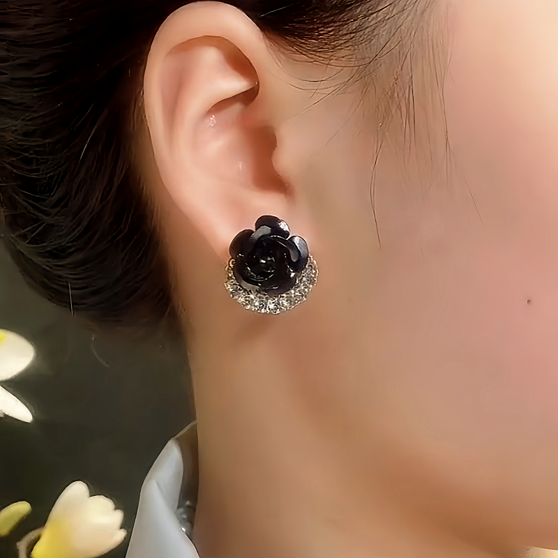 14K Gold-Plated Black Rose Stud Earrings