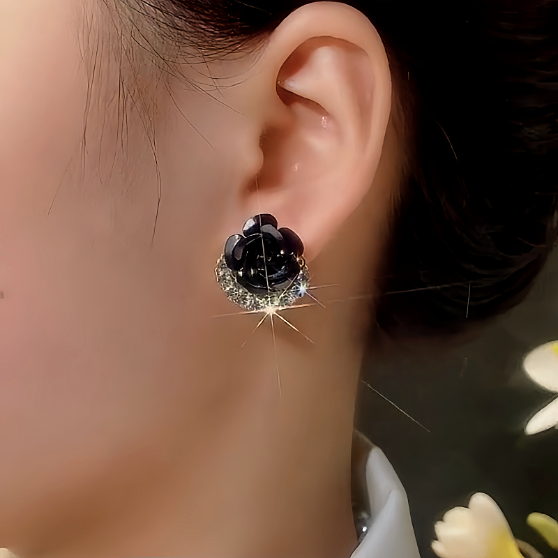 14K Gold-Plated Black Rose Stud Earrings