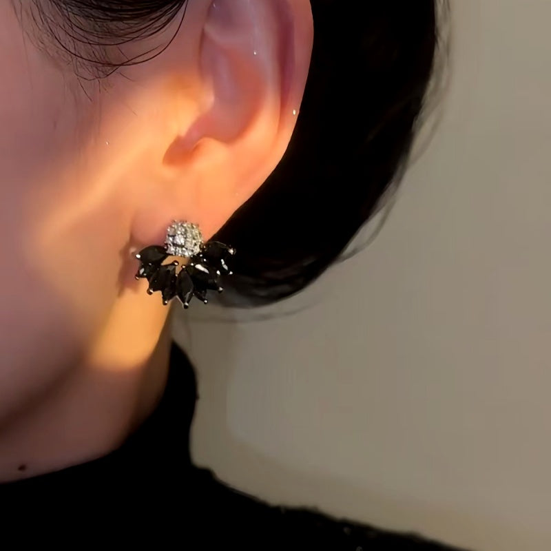 14K Gold-Plated Black Zircon Flower Earrings
