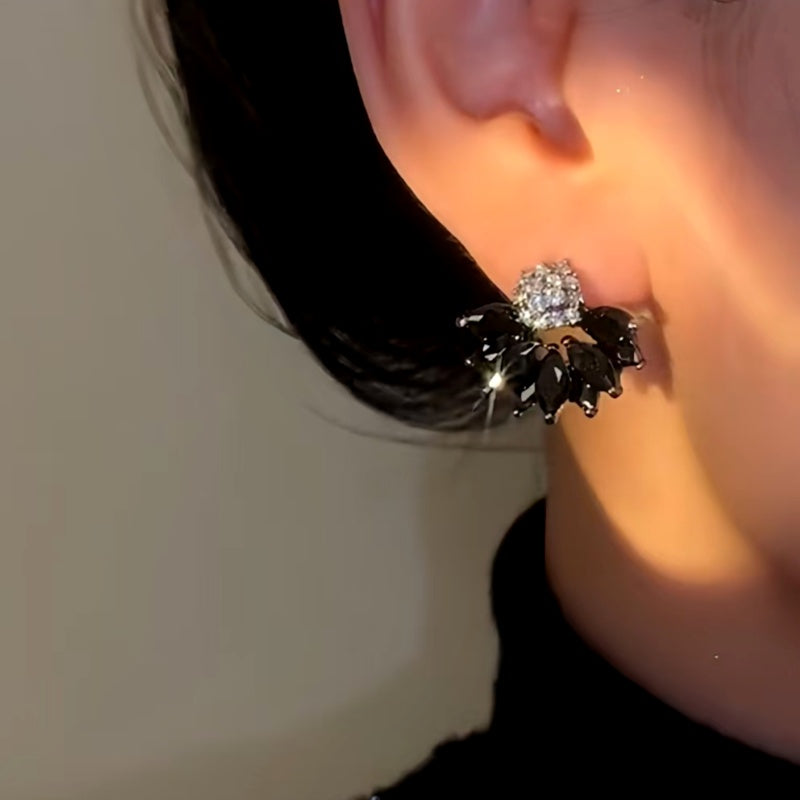 14K Gold-Plated Black Zircon Flower Earrings