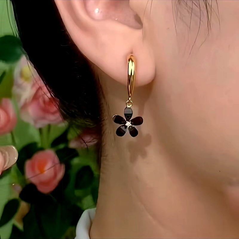 14K Gold-Plated Black Zircon Flower Earrings