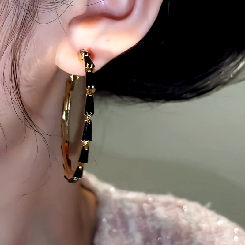 14K Gold-Plated Black Zircon Hoop Earrings