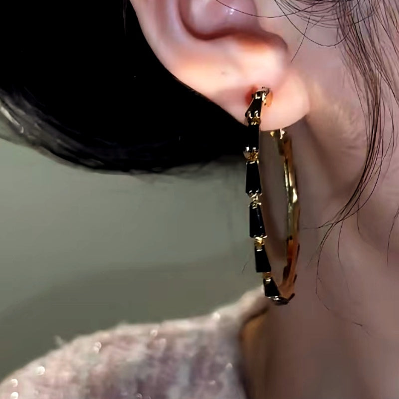 14K Gold-Plated Black Zircon Hoop Earrings