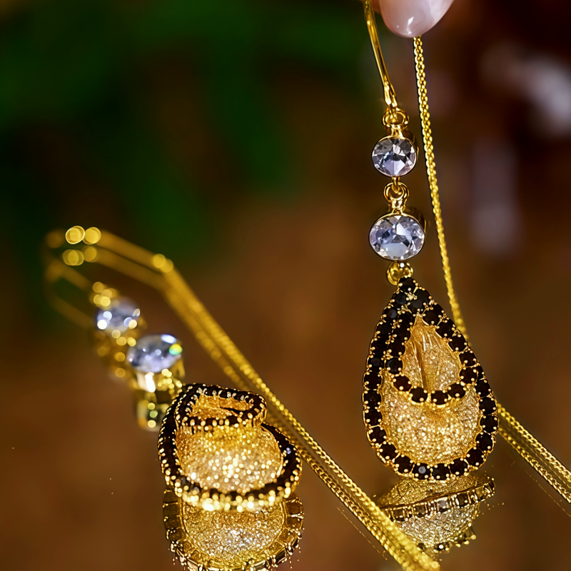 14K Gold-Plated Black Zircon Mesh Water Drop Threader Earrings