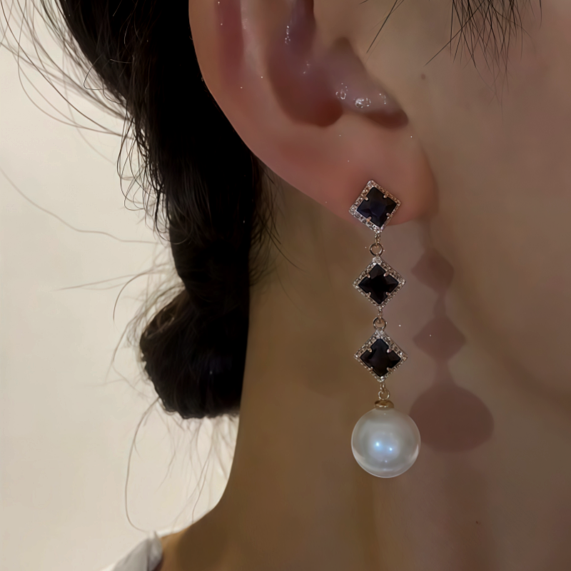 14K Gold-Plated Black Zircon Pearl Tassel Earrings