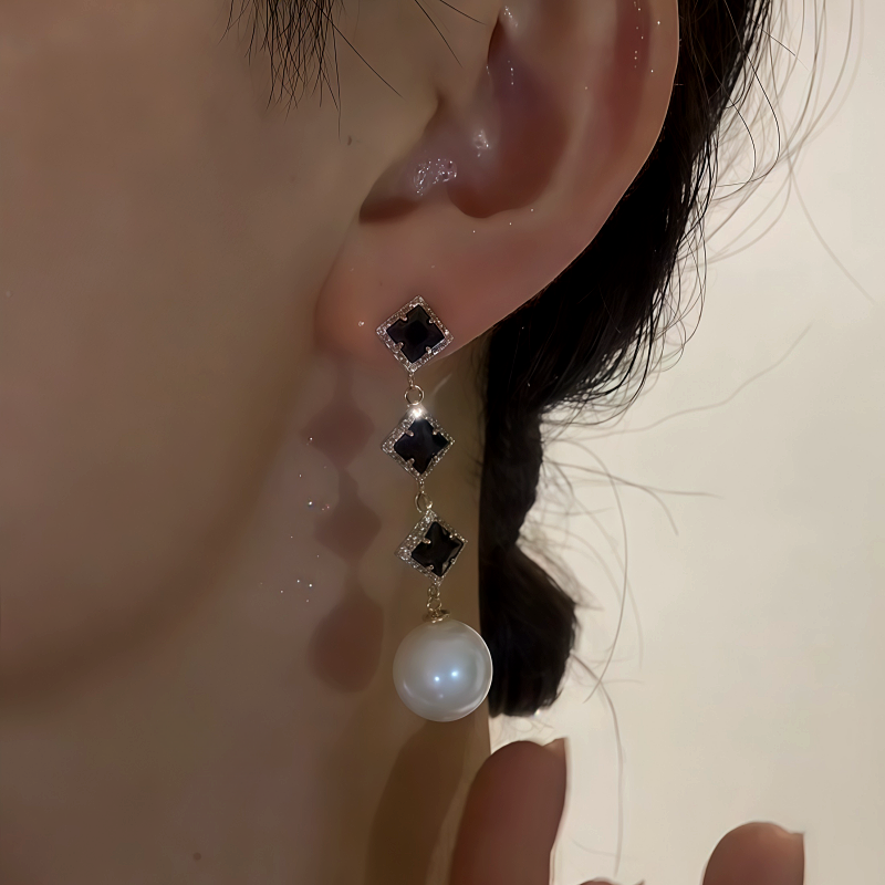 14K Gold-Plated Black Zircon Pearl Tassel Earrings