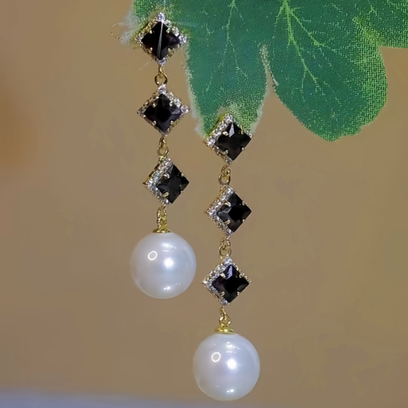 14K Gold-Plated Black Zircon Pearl Tassel Earrings