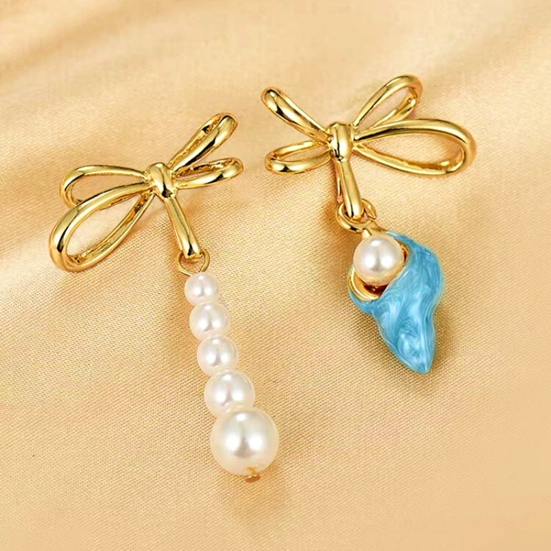 14K Gold-Plated Blue Asymmetrical Conch Pearl Bow Earrings