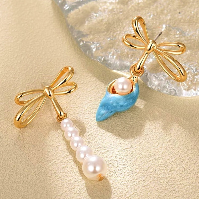 14K Gold-Plated Blue Asymmetrical Conch Pearl Bow Earrings
