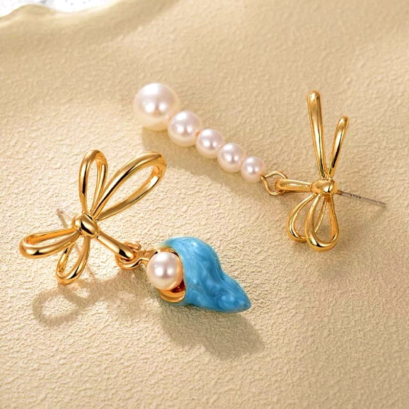 14K Gold-Plated Blue Asymmetrical Conch Pearl Bow Earrings