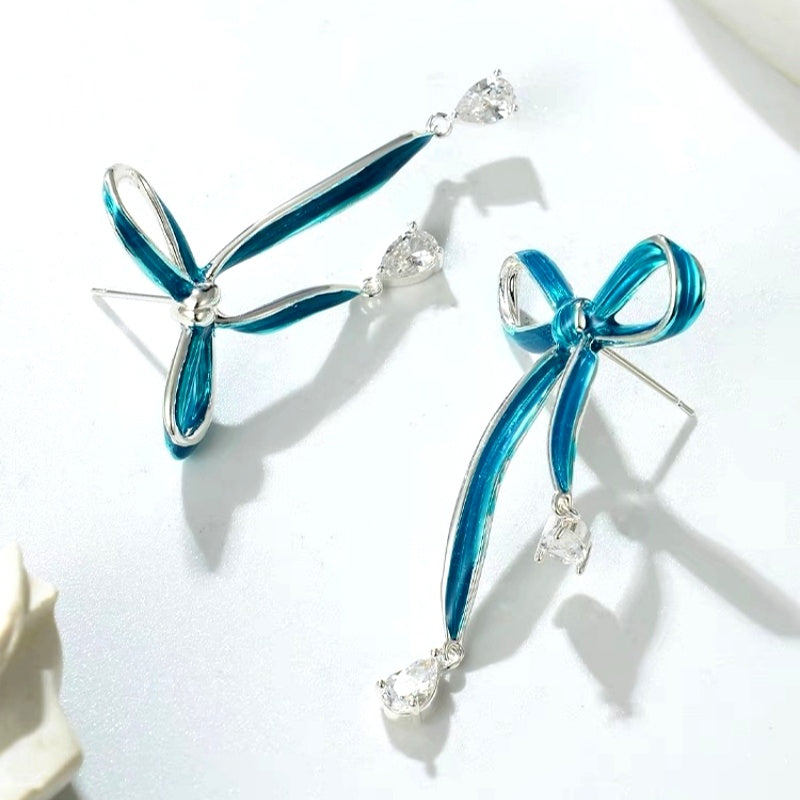 14K Gold-Plated Blue Bow Diamond Earrings