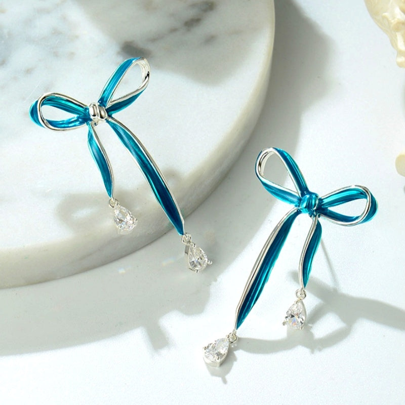 14K Gold-Plated Blue Bow Diamond Earrings