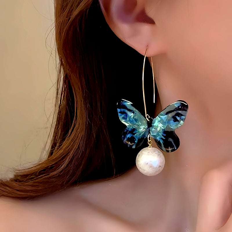 14K Gold-Plated Blue Butterfly Pearl Pendant Ear Hook Earrings