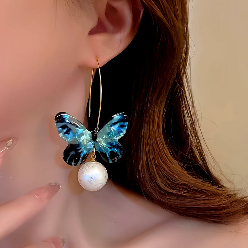 14K Gold-Plated Blue Butterfly Pearl Pendant Ear Hook Earrings