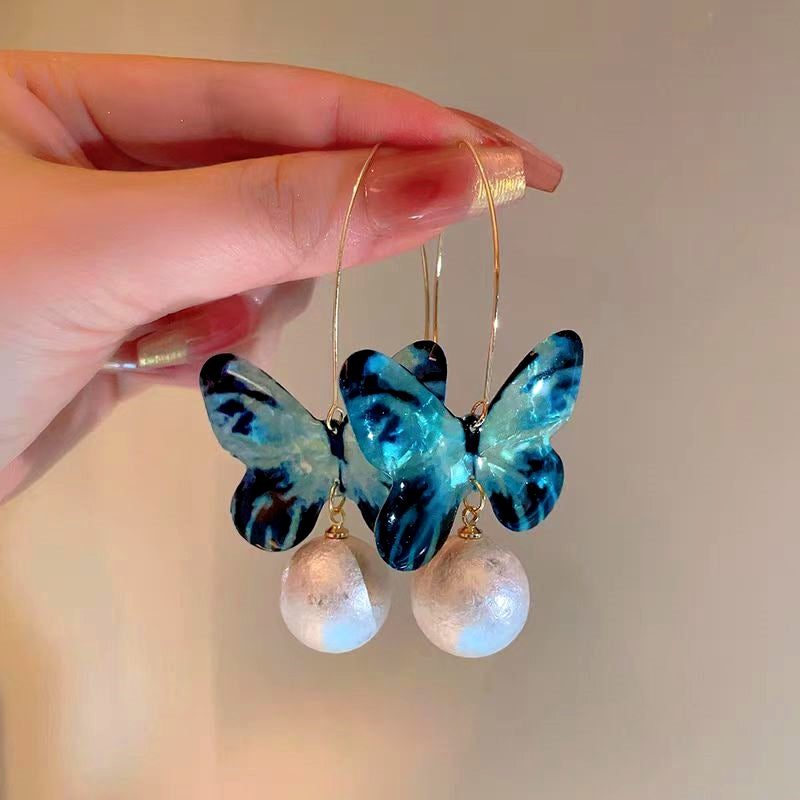 14K Gold-Plated Blue Butterfly Pearl Pendant Ear Hook Earrings