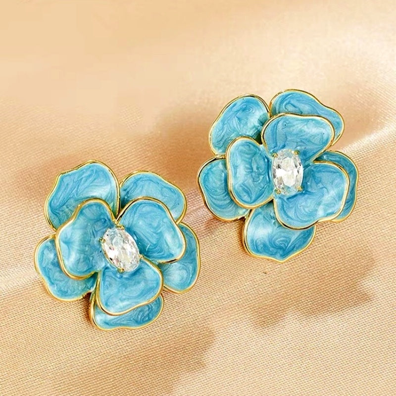 14K Gold-Plated Blue Camellia Earrings
