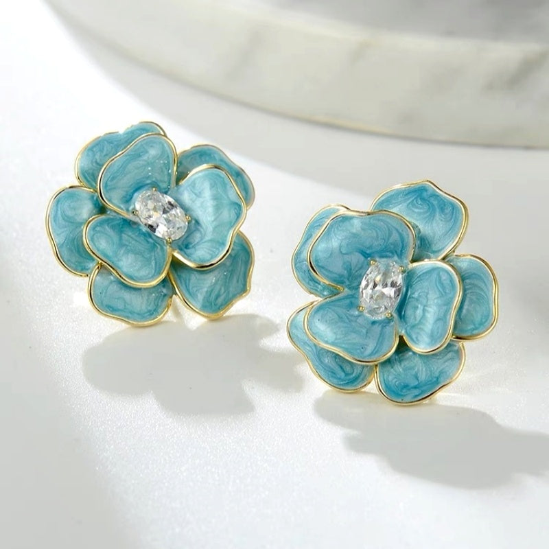 14K Gold-Plated Blue Camellia Earrings