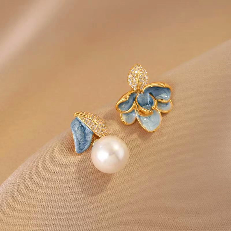 14K Gold-Plated Blue Camellia Pearl Earrings