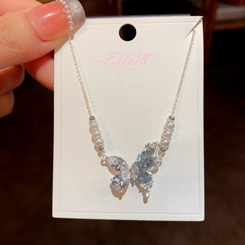 14K Gold-Plated Blue Crystal Splicing Butterfly Pearl Necklaces